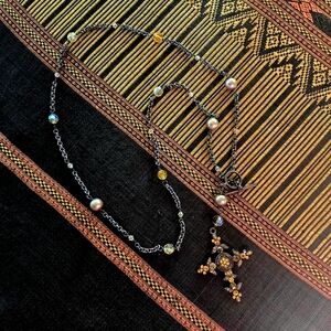 Dark Academia Eclectic Cross ✝️ Dark Metals Warm-Toned Crystals Pendant Necklace